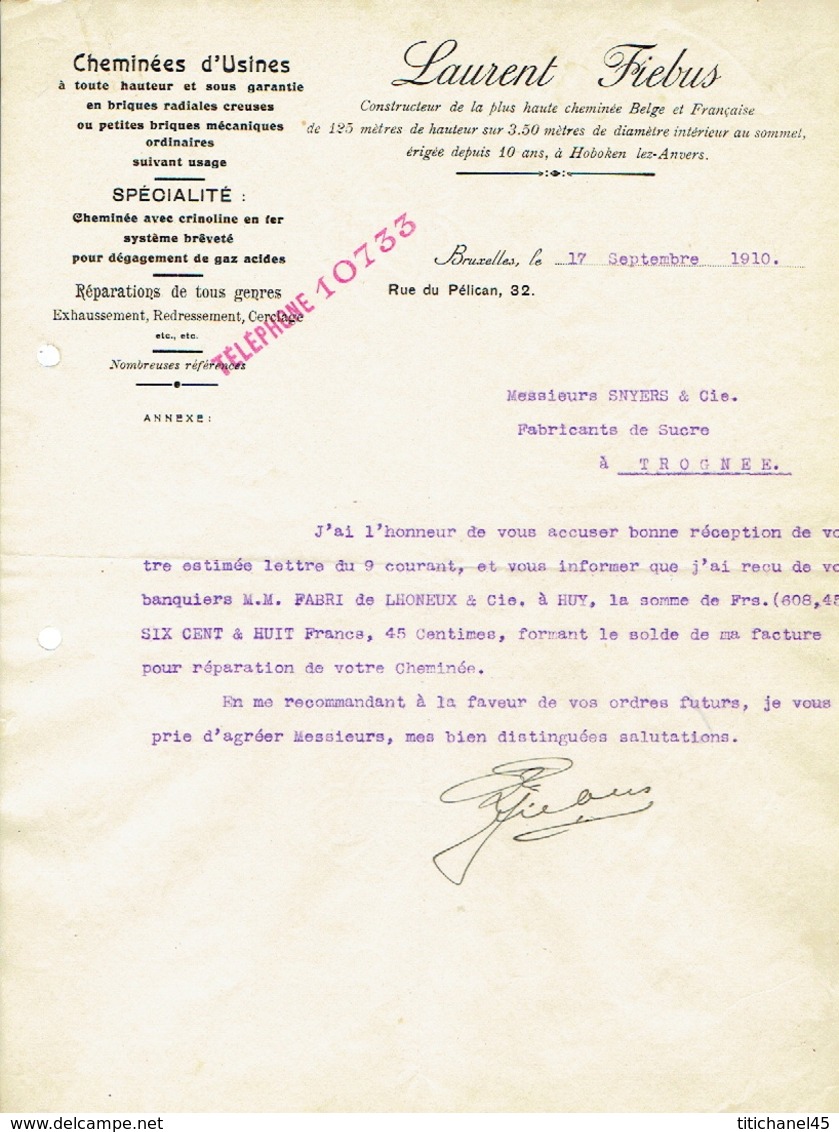 Lettre 1910 BRUXELLES - LAURENT FIEBUS - Constructeur De Cheminées D'usines - Autres & Non Classés