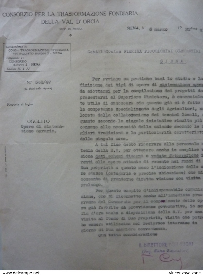 Lettera Commerciale "CONSORZIO PER LA TRASFORMAZIONE FONDIARIA DELLA VAL D' ORCIA" Siena, Anni '30 - Italien
