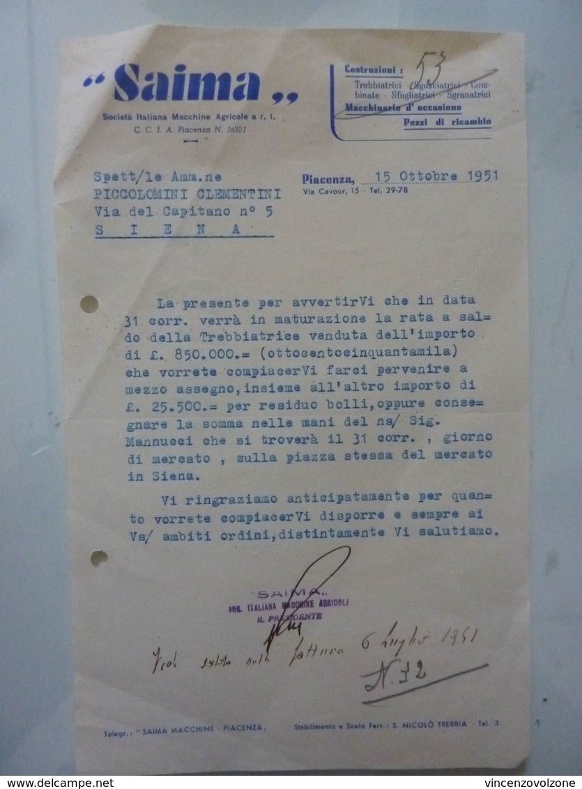 Lettera Commerciale "SAIMA Società Italiana Macchine Agricole PIACENZA"  15 Ottobre 1915 - Italia