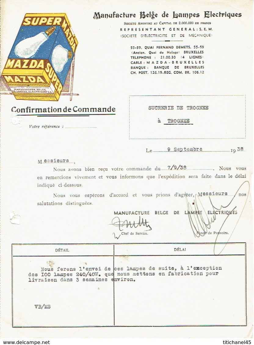 Confirmation De Commande Illustrée (Publicité Lampes MAZDA SUPER) 1938 BRUXELLES-Manufacture Belge De Lampes Electriques - Autres & Non Classés