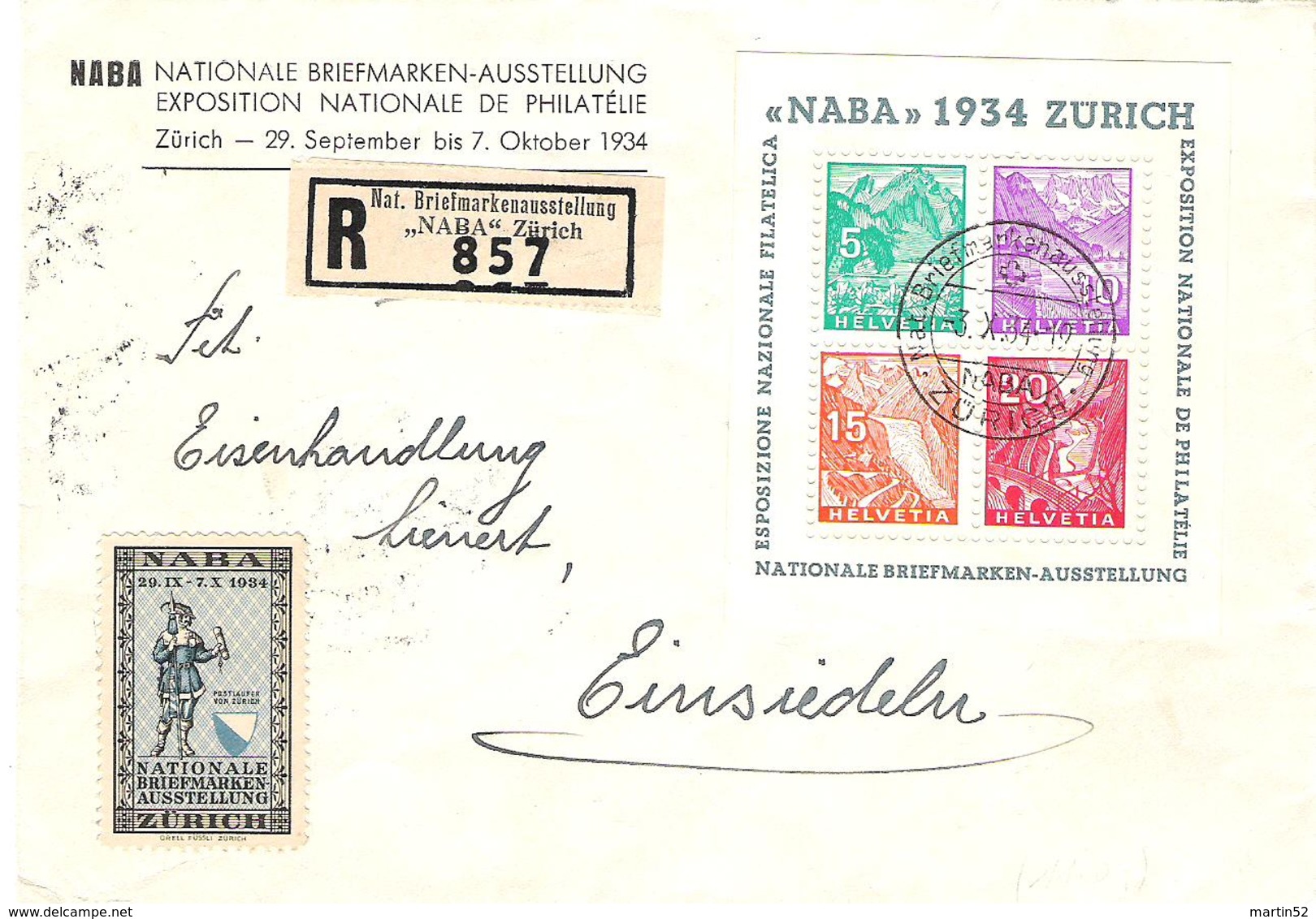 Schweiz Suisse Expo "NABA 1934" Zu WIII-1 Block 1 BF 1 Auf Sonder-R-Brief Mit O ZÜRICH 3.X.34 Plus Ausstellung-Vignette - Blocks & Kleinbögen