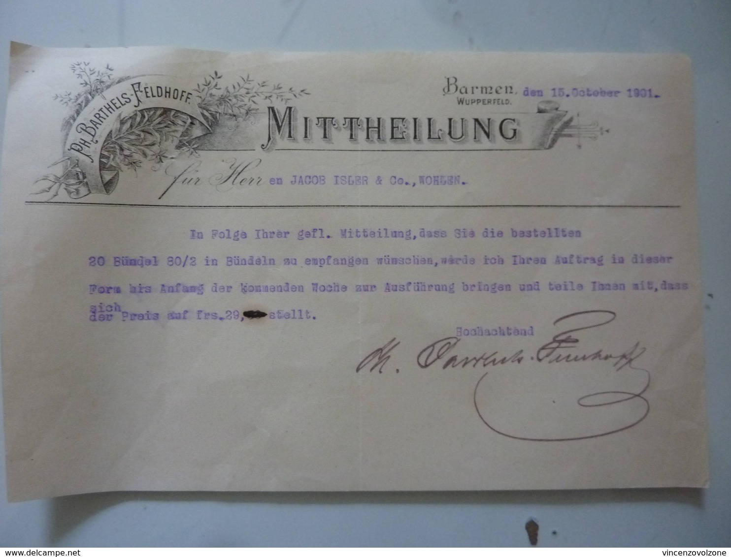 Lettera Commerciale "PH. BARTHELS FELDHOFF - BARMEN 15 October 1901" - Autres & Non Classés