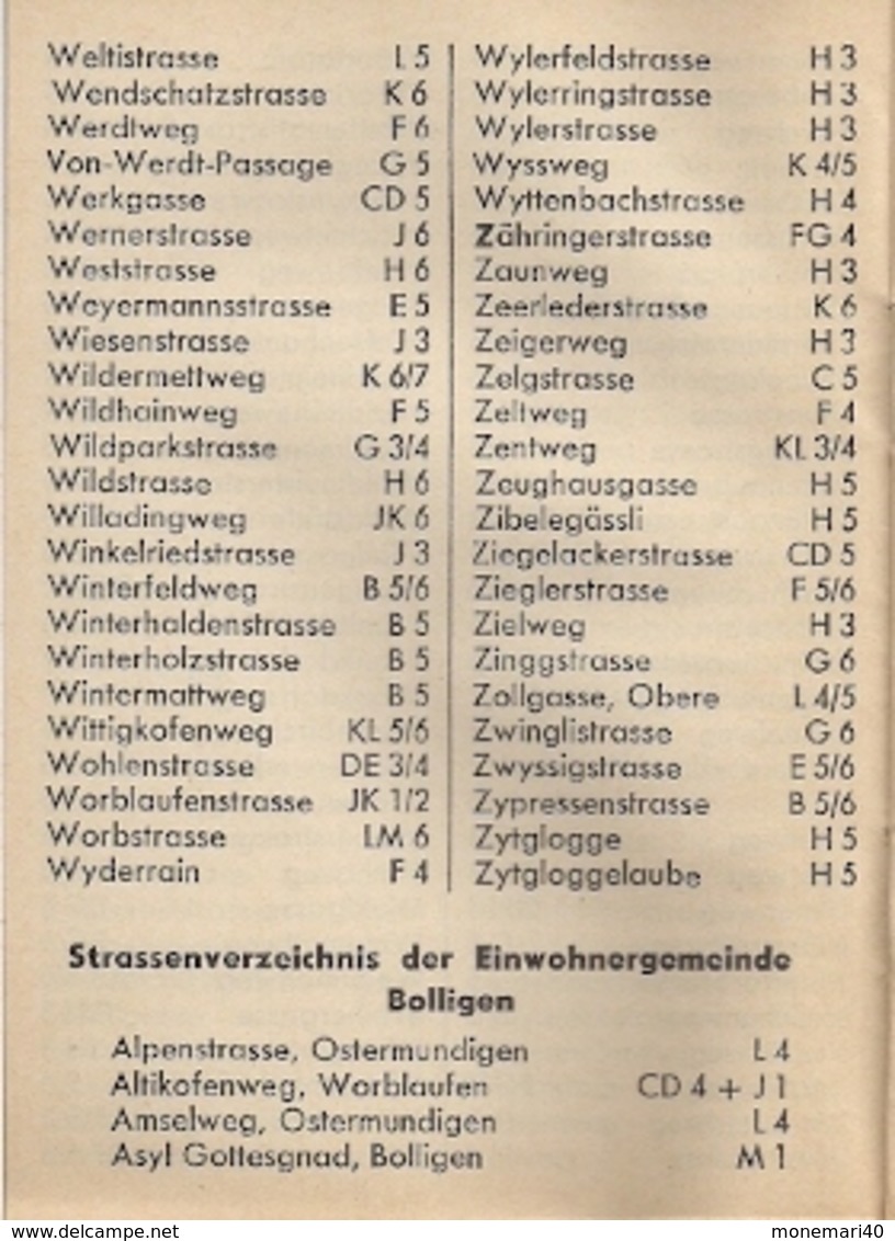 BERN (SUISSE) - PLAN DE LA VILLE avec UN LIVRET contenant la LISTE DES RUES (1966)