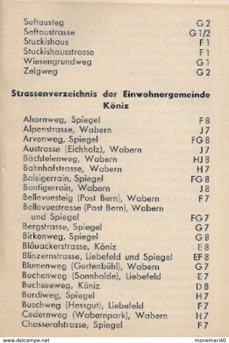 BERN (SUISSE) - PLAN DE LA VILLE avec UN LIVRET contenant la LISTE DES RUES (1966)