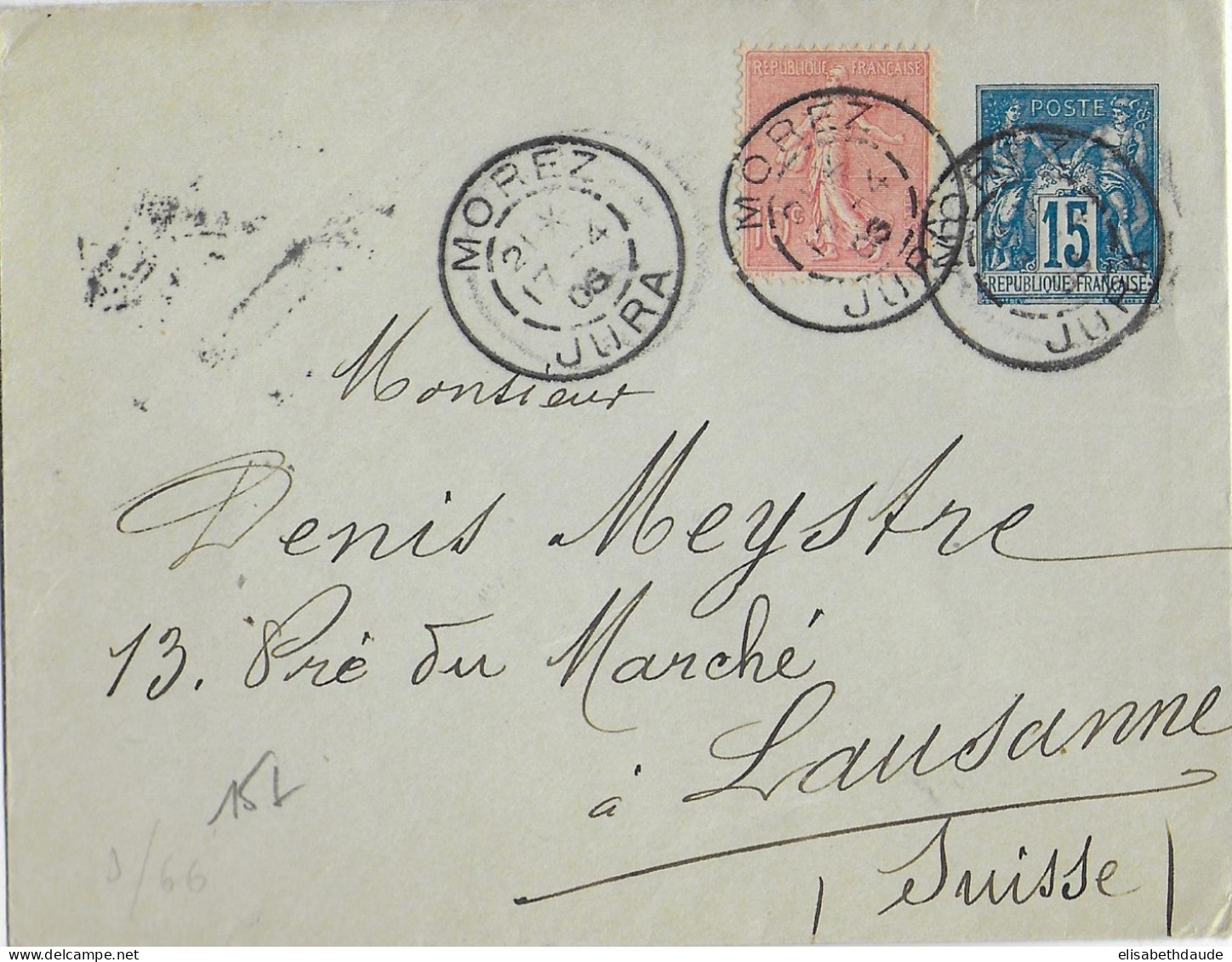 1906 - SEMEUSE Sur ENVELOPPE ENTIER SAGE De MOREZ (JURA) => LAUSANNE (SUISSE) - Standard Covers & Stamped On Demand (before 1995)
