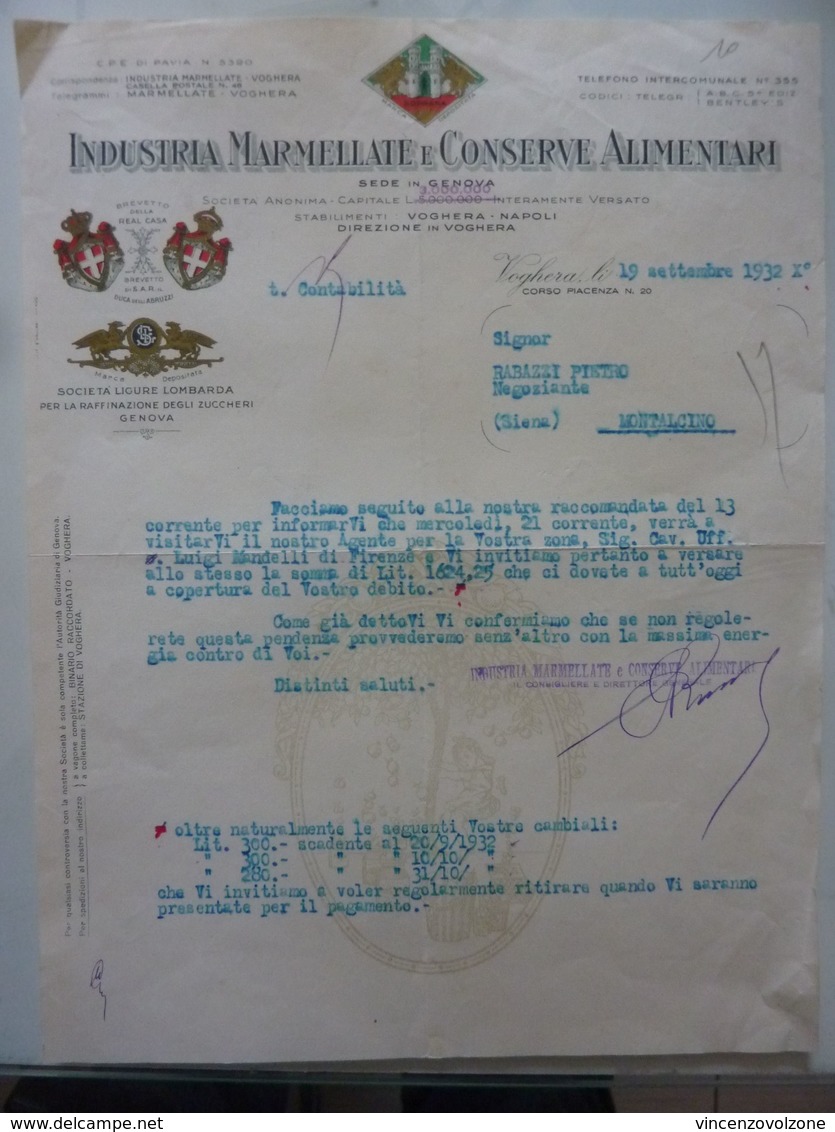 Lettera Commerciale "INDUSTRIA MARMELLATA E CONDSERVE ALIMENTARI MARCA SOPRANA Sede In GENOVA" Voghera 19 Settembre 1932 - Italia