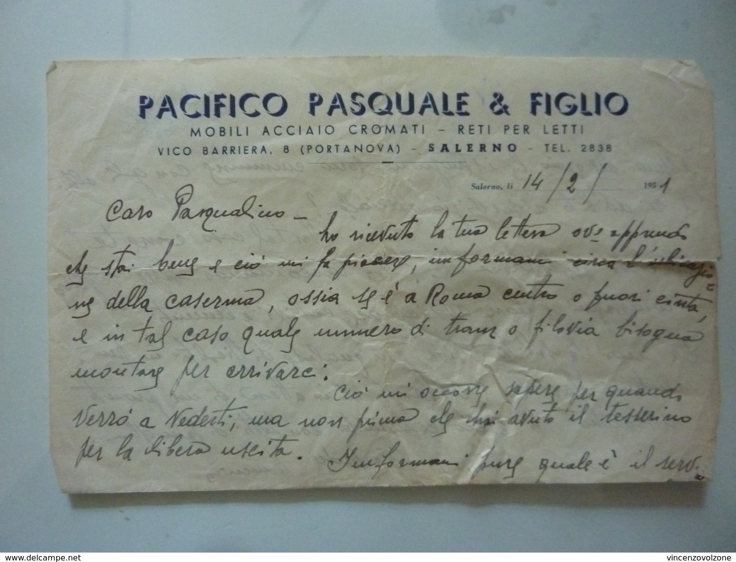 Lettera Commerciale "PACIFICO PASQUALE & FIGLIO MOBILI ACCIAIO CROMATO SALERNO"  Salerno 14 Febbraio 1951 - Italie