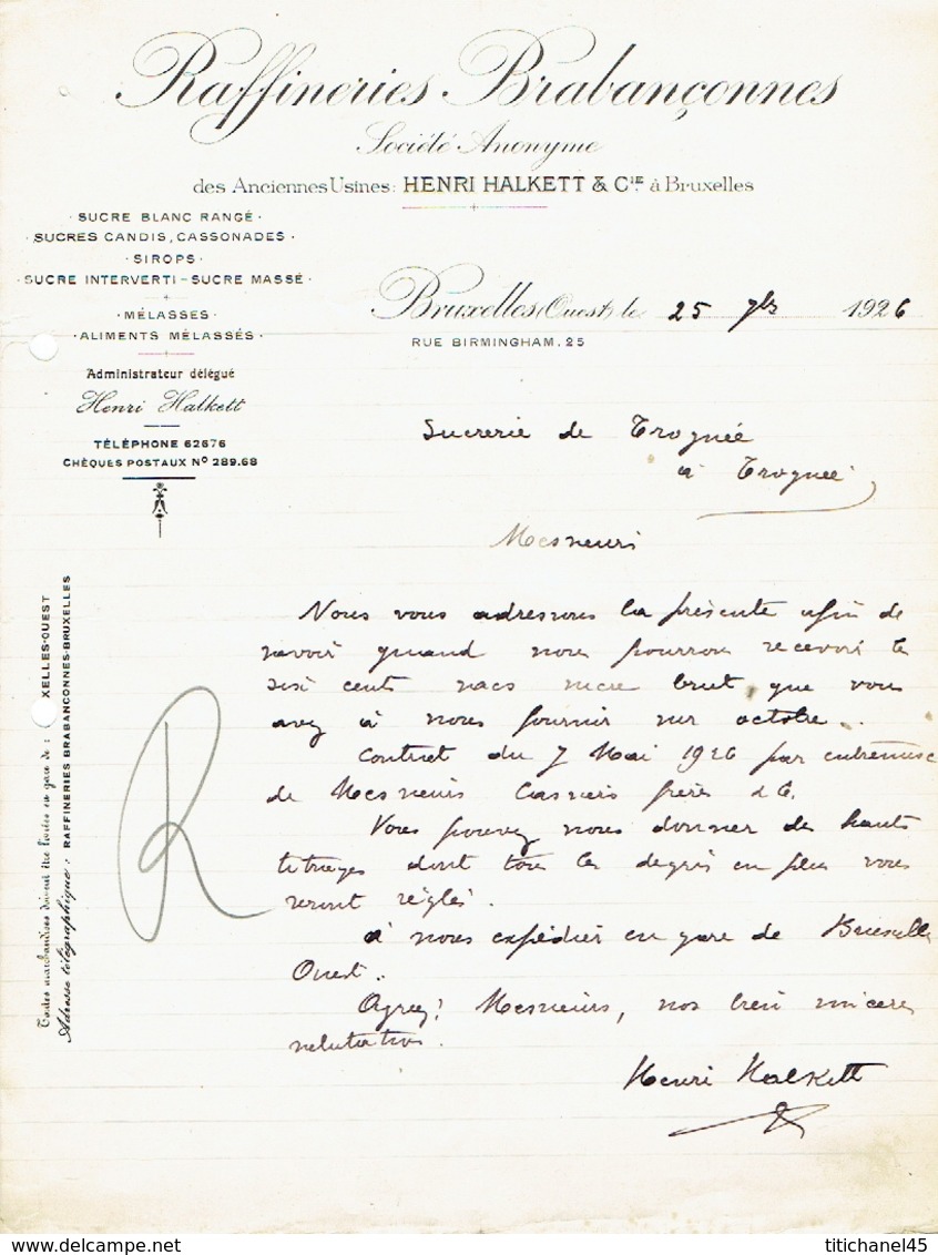 Lettre 1926 BRUXELLES - RAFFINERIES BRABANCONNES - Anciennes Usines HENRI HALKETT & Cie - Sucre Blanc, Candi, Cassonade - Autres & Non Classés