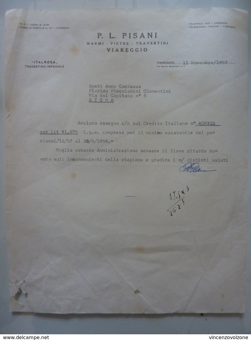 Lettera Commerciale "P.L. PISANI MARMI  - PIETRE  - TRAVERTINI VIAREGGIO" Viareggio 11 Novembre 1957 - Italie