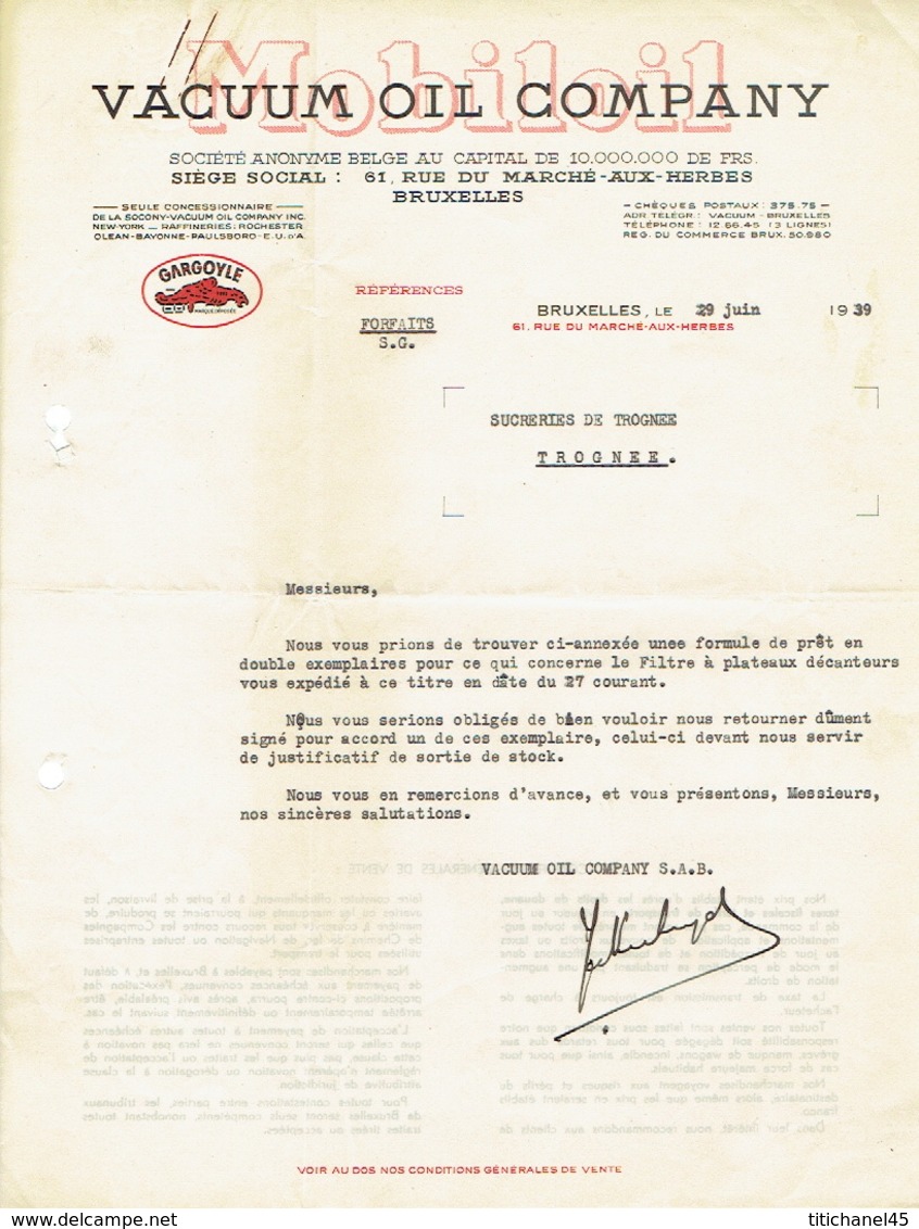 Lettre 1939 BRUXELLES - VACUUM OIL COMPANY - MOBILOIL - Autres & Non Classés