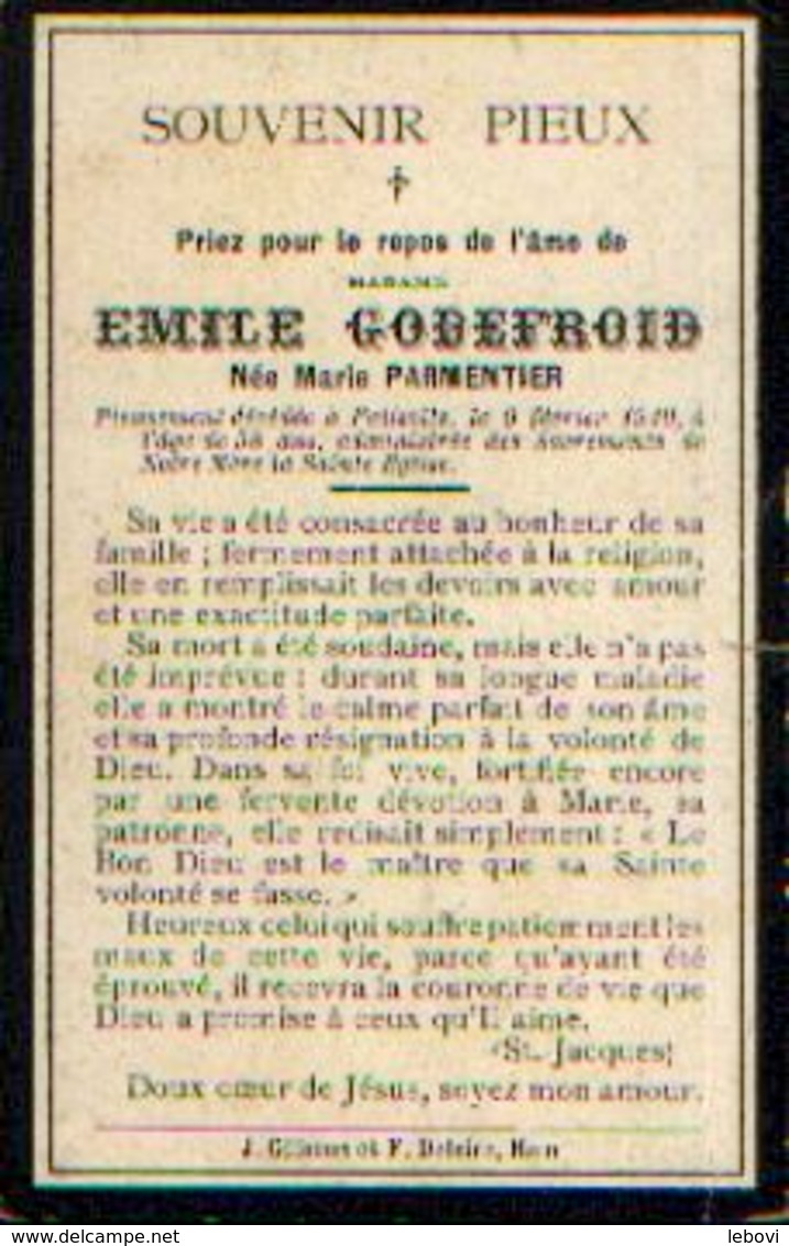 Souvenir Mortuaire PARMENTIER Marie (1852-1910) ép. GODEFROID E. Morte à FALISOLLE - Santini