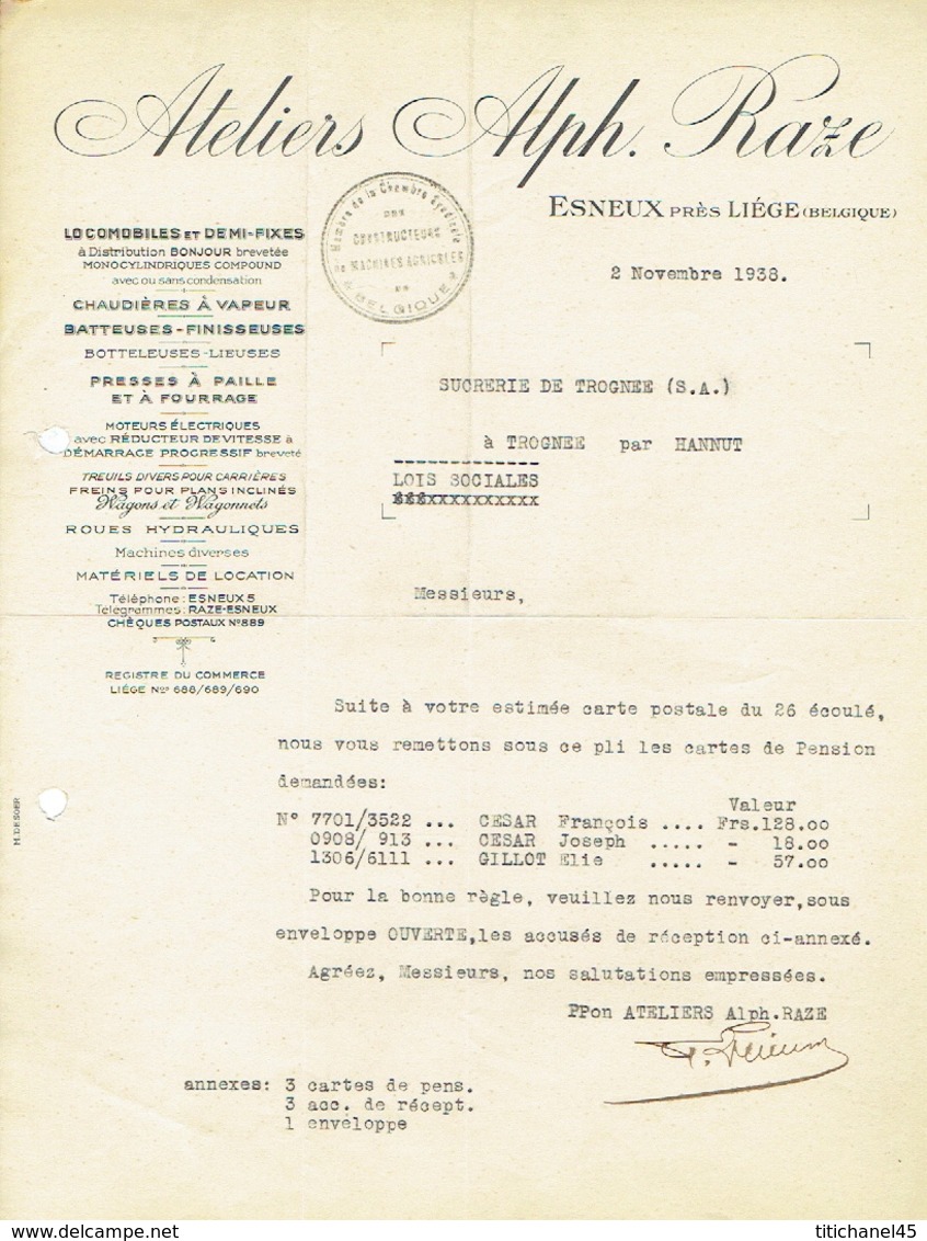 Lettre 1938 - ESNEUX - Ateliers Alph. RAZE - Constructeur De Machines Agricoles : Locomobile, Batteuse, Botteleuse.. - Autres & Non Classés