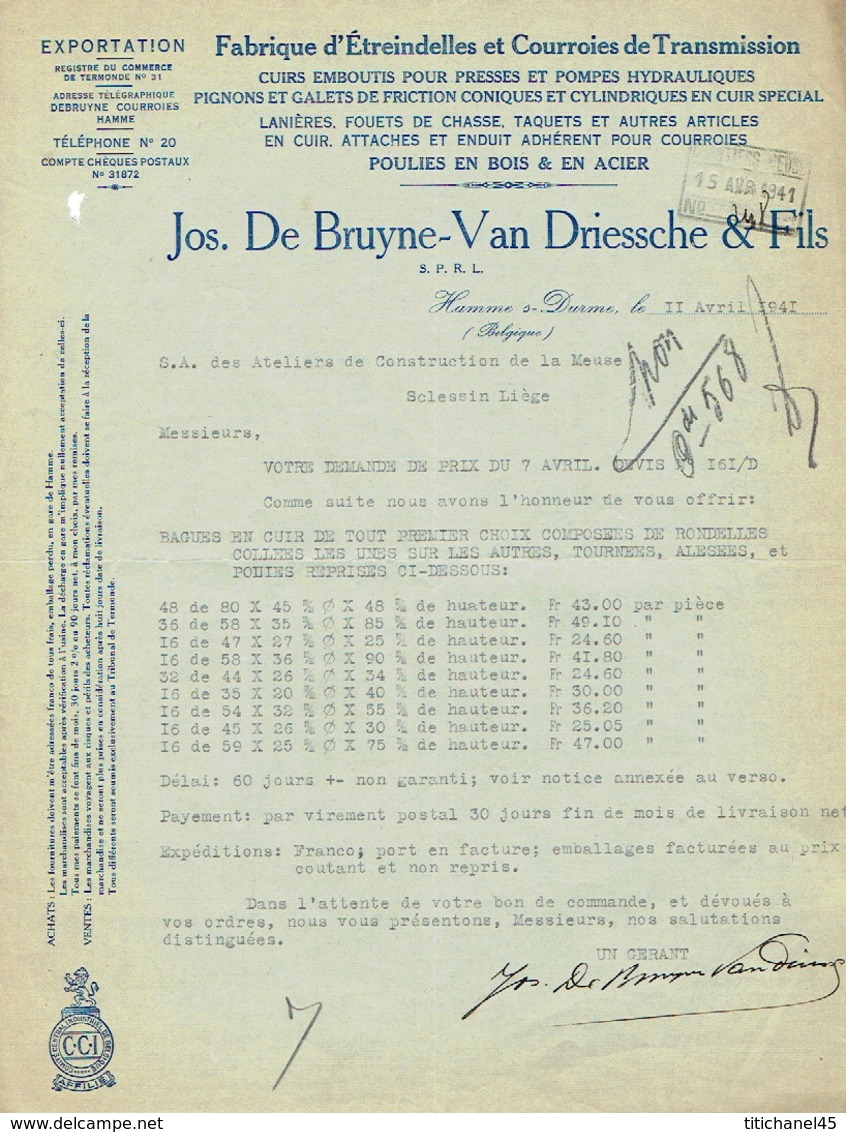 Brief 1941 HAMME - Jos. DE BRUYNE-VAN DRIESSCHE &amp; Fils - Fabrique D'étreindelles Et De Courroies De Transmission - Autres & Non Classés