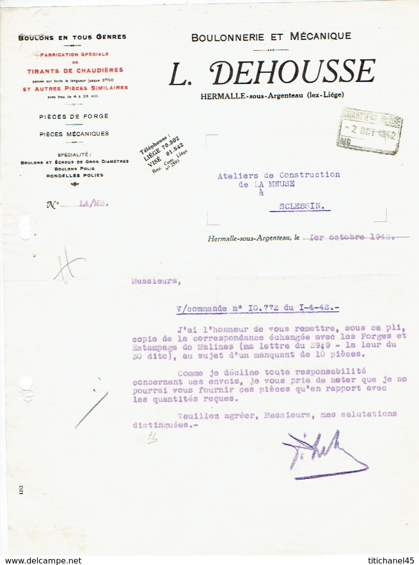 Lettre De 1942 HERMALLE-SOUS-ARGENTEAU - L. DEHOUSSE - Boulonnerie Et Mécanique - Autres & Non Classés
