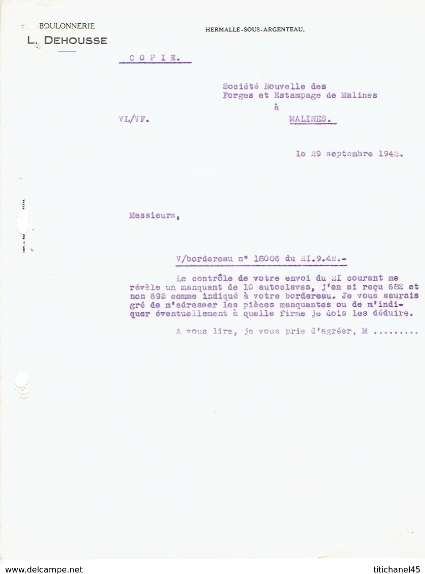 Lettre De 1942 HERMALLE-SOUS-ARGENTEAU - L. DEHOUSSE - Boulonnerie Et Mécanique - Autres & Non Classés