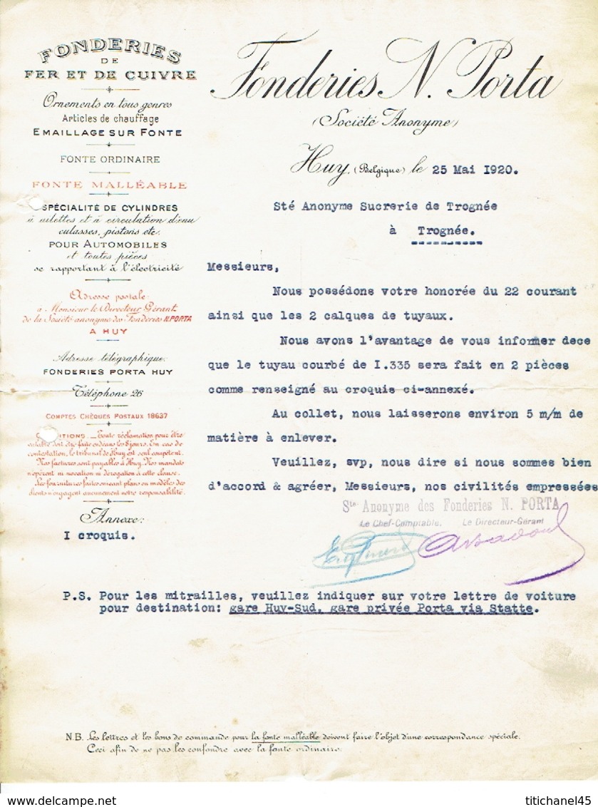 Lettre 1920 HUY - FONDERIES N. PORTA - Fonderies De Fer Et De Cuivre - Autres & Non Classés