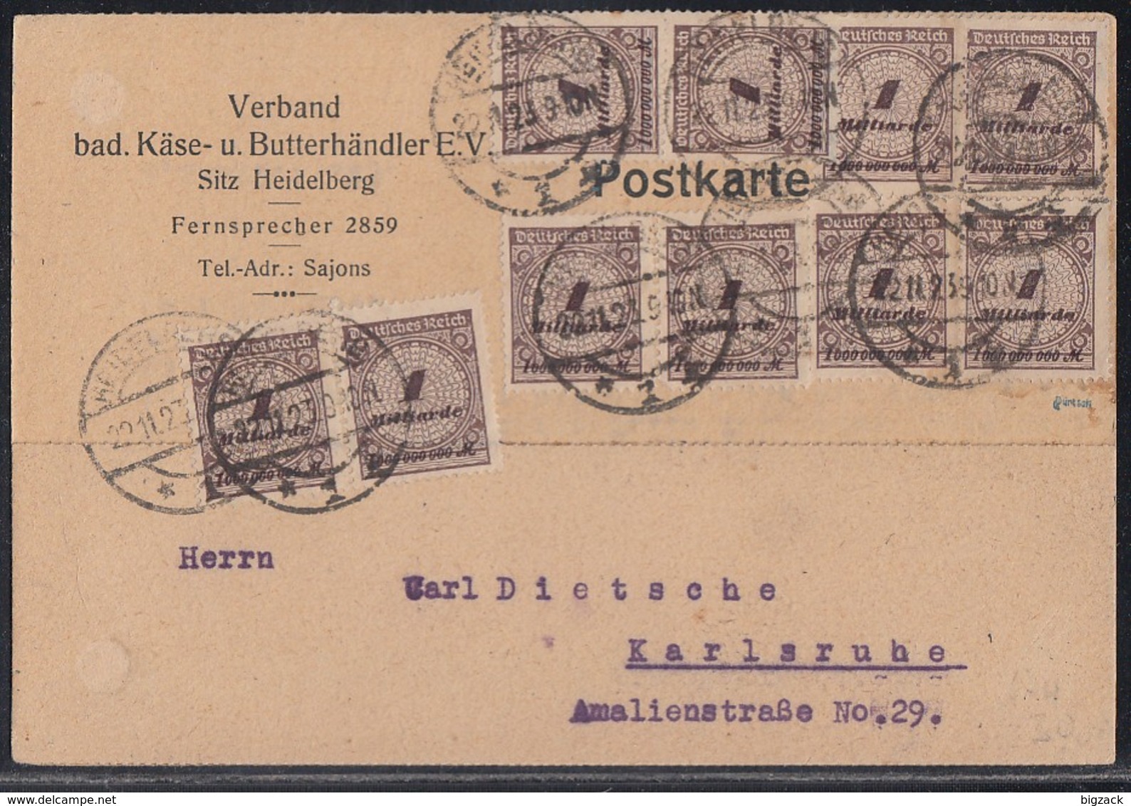 DR Karte Mef Minr.10x 325A Heidelberg 22.11.23 Geprüft - Briefe U. Dokumente
