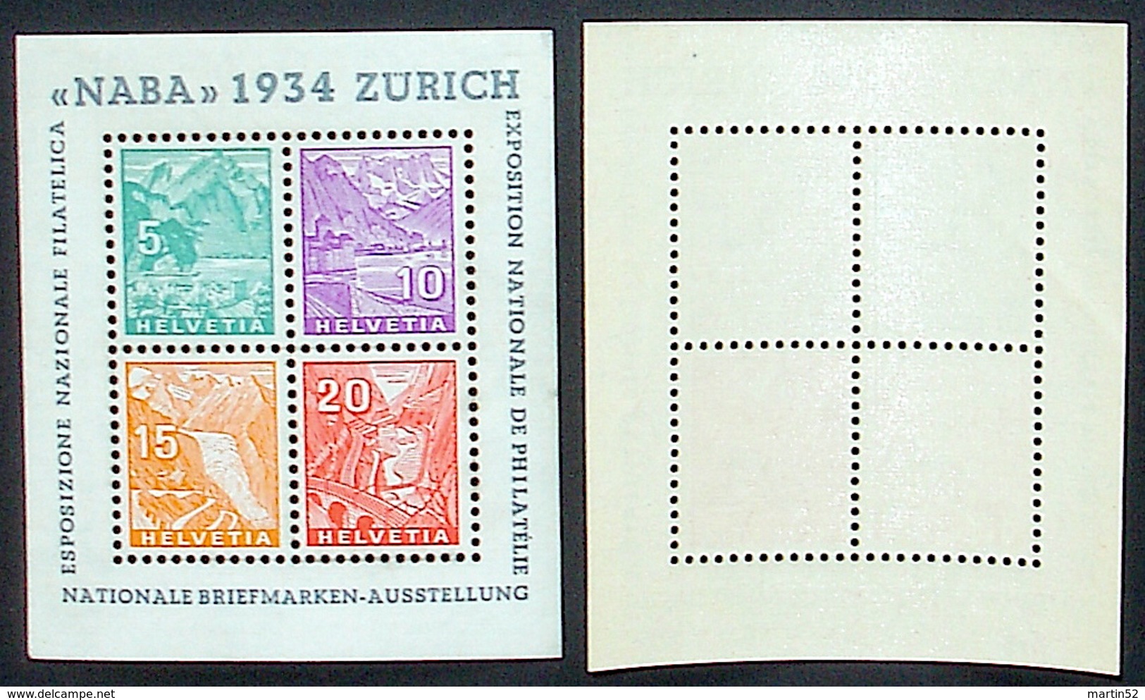 Schweiz Suisse Expo "NABA 1934" Zumstein WIII-1 Michel Block Yvert 1 BF 1 ** Postfrisch MNH  Plus Ausstellung-Vignette - Blocks & Kleinbögen