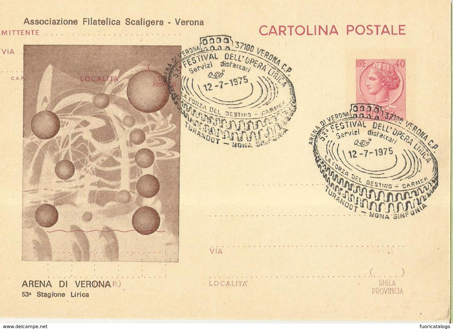 CARTOLINA POSTALE 53° FESTIVAL DELL'OPERA LIRICA  1975-ASSOCIAZIONE FIL.SCALIGERA -FG - Manifestazioni