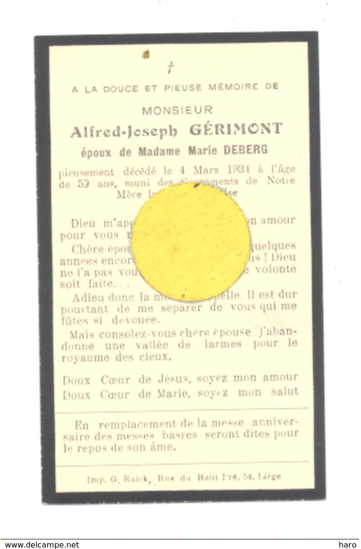 Faire-part De Décès De Mr. Alfred GERIMONT ép. De M. Deberg LIEGE 1934 (b243) - Décès