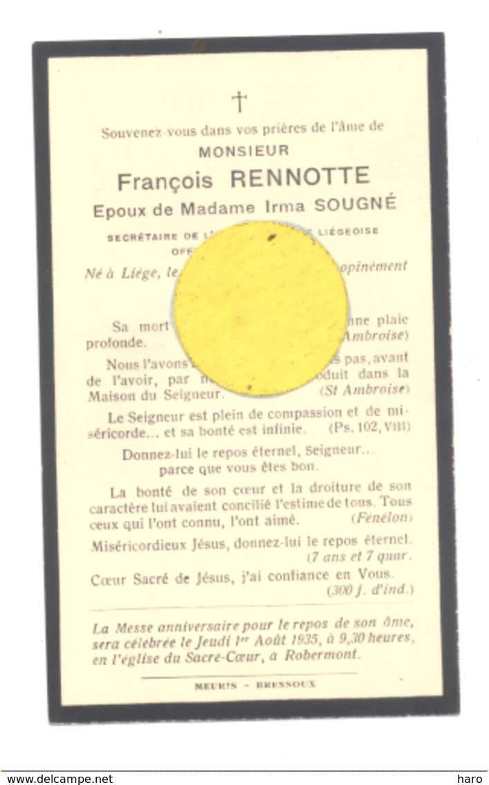 Faire-part De Décès De Mr. François RENNOTTE - Union Bancaire Liégeoise - ép. De I. Sougné -LIEGE 1892/ 1934 (b243) - Décès