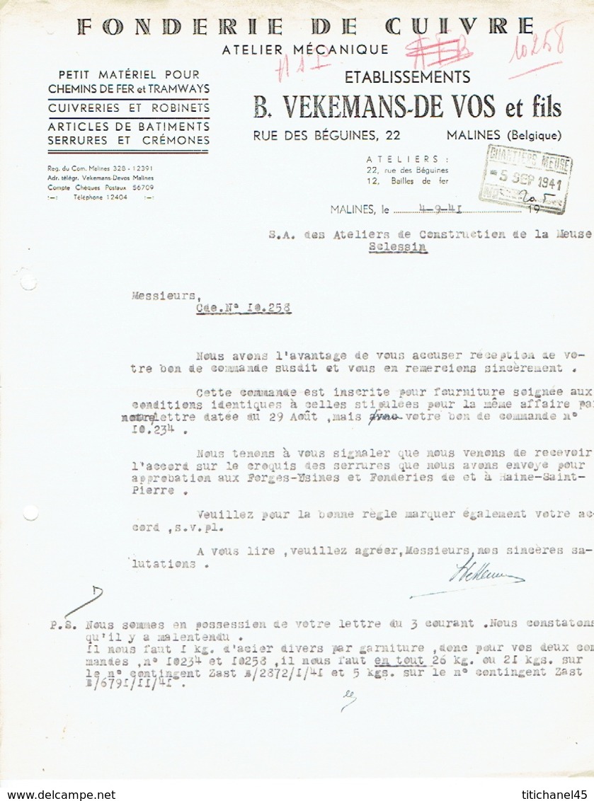 Brief 1941 MECHELEN - B. VEKEMANS-DE VOS Et Fils - Fonderie De Cuivre, Petit Matériel De Chemins De Fer & Tramways... - Autres & Non Classés