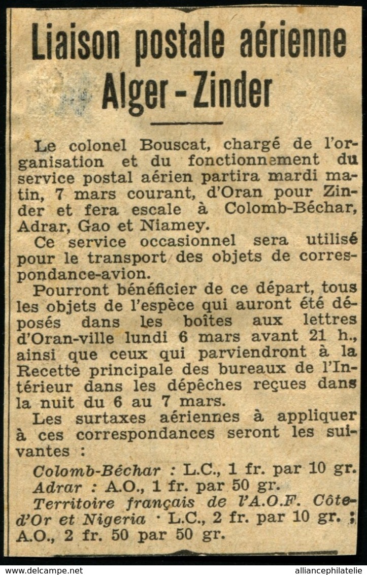 ALGERIE - 1ère Liaison ALGERIE/ZINDER - Affrt Composé Obl "ORAN 6/3/33" Pour COLOMB-BECHAR (Sud-Oranais) - RARE - Poste Aérienne