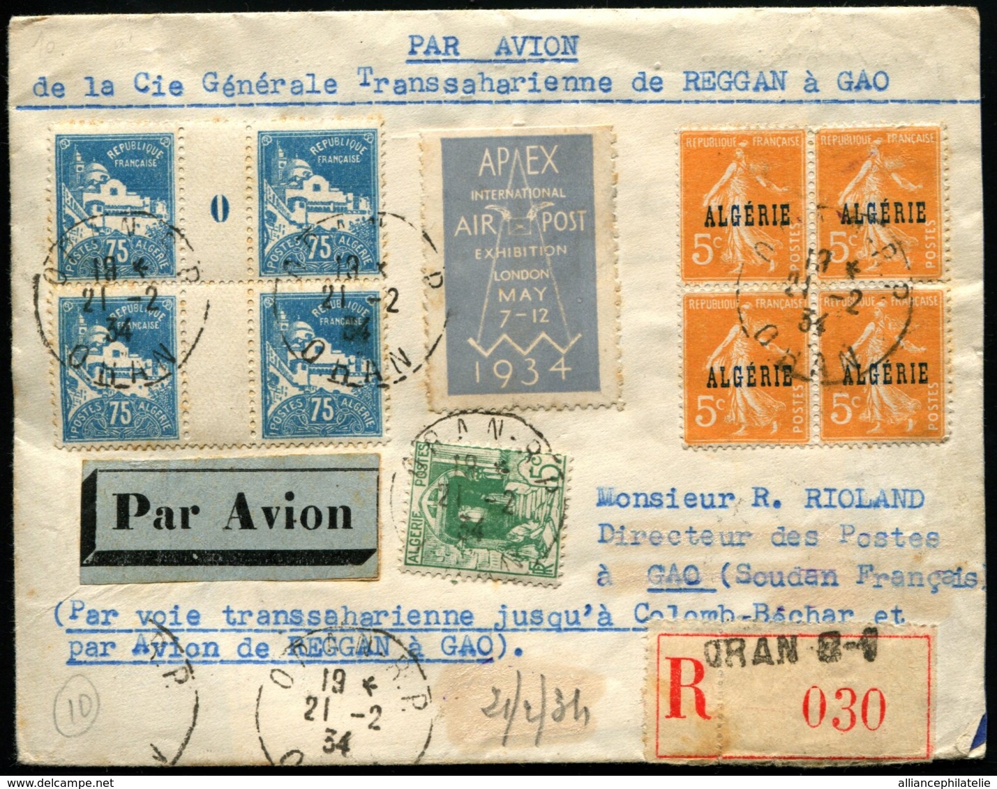 ALGERIE - Lettre Par AVION De La Cie Générale Transsaharienne De REGGAN à GAO - Affrt Comp. Obl ORAN 21/2/34 Pour GAO - Poste Aérienne