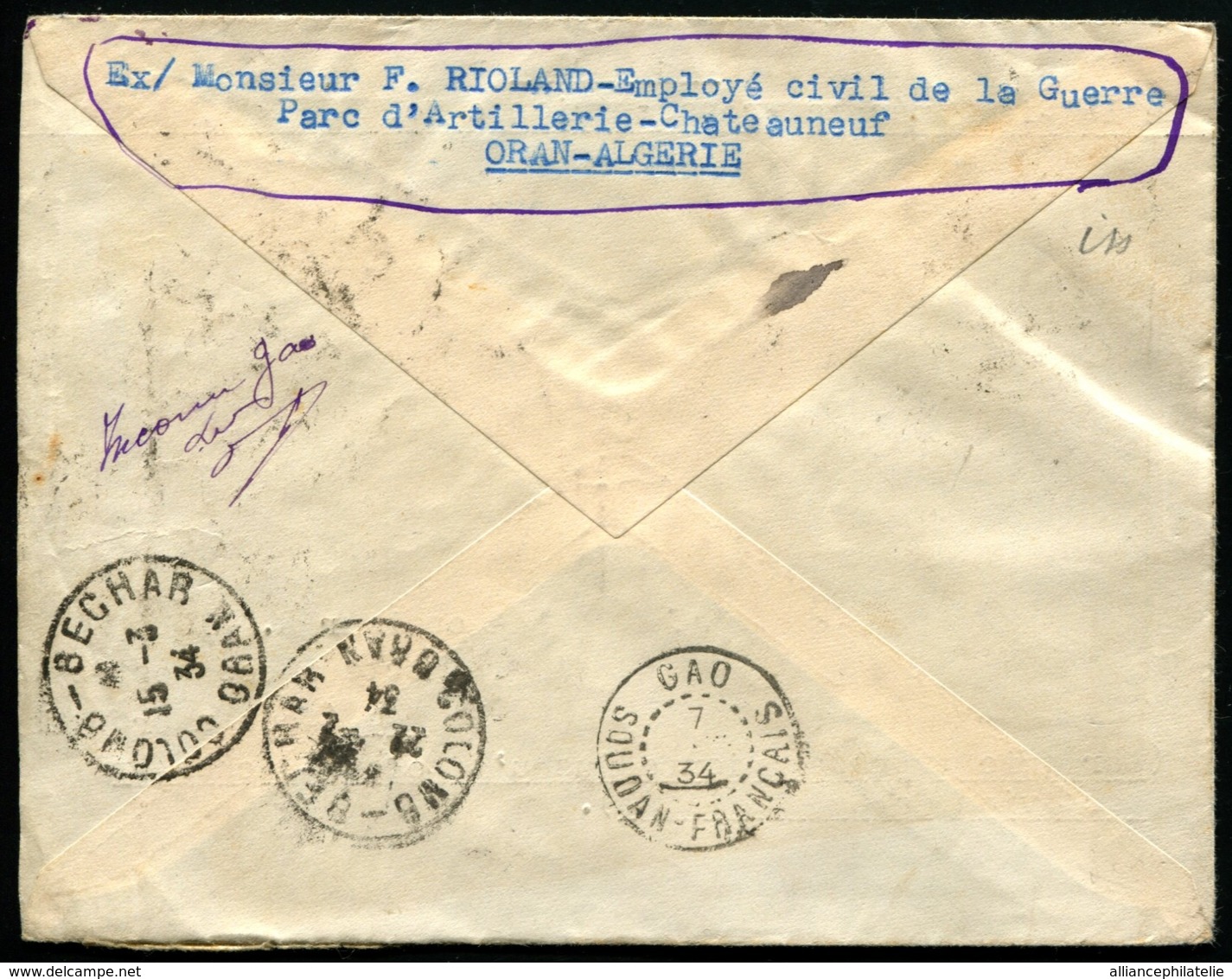 ALGERIE - Lettre Par AVION De La Cie Générale Transsaharienne De REGGAN à GAO - Affrt Comp. Obl ORAN 21/2/34 Pour GAO - Poste Aérienne