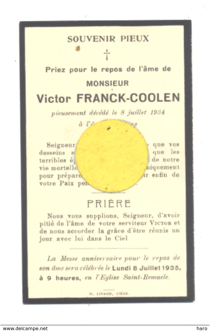 Faire-part De Décès De Mr. Victor FRANCK - COOLEN LIEGE  1934 (b243) - Obituary Notices