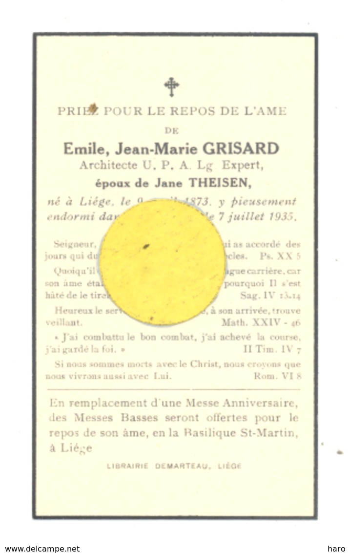 Faire-part De Décès De Mr. Emile GRISARD, Architecte U.A.P. ép. De J. Theisen - LIEGE  1934 (b243) - Décès