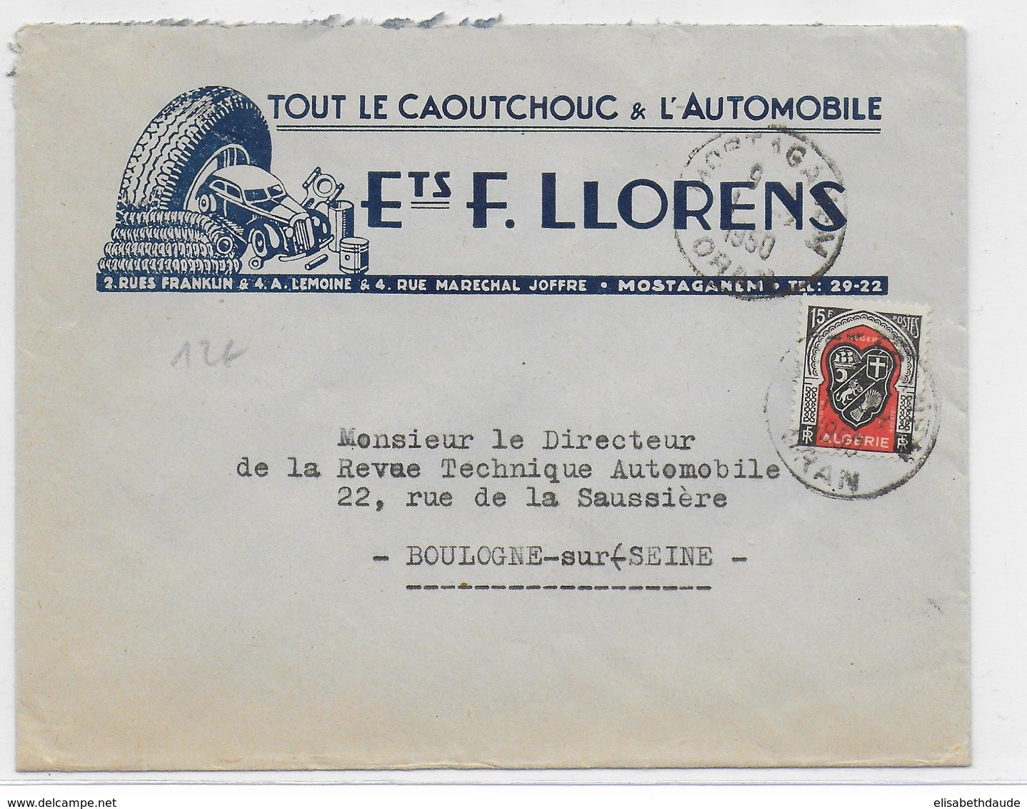 1950 - ENVELOPPE PUB DECOREE (PNEU AUTOMOBILE) De MOSTAGANEM => BOULOGNE - Lettres & Documents