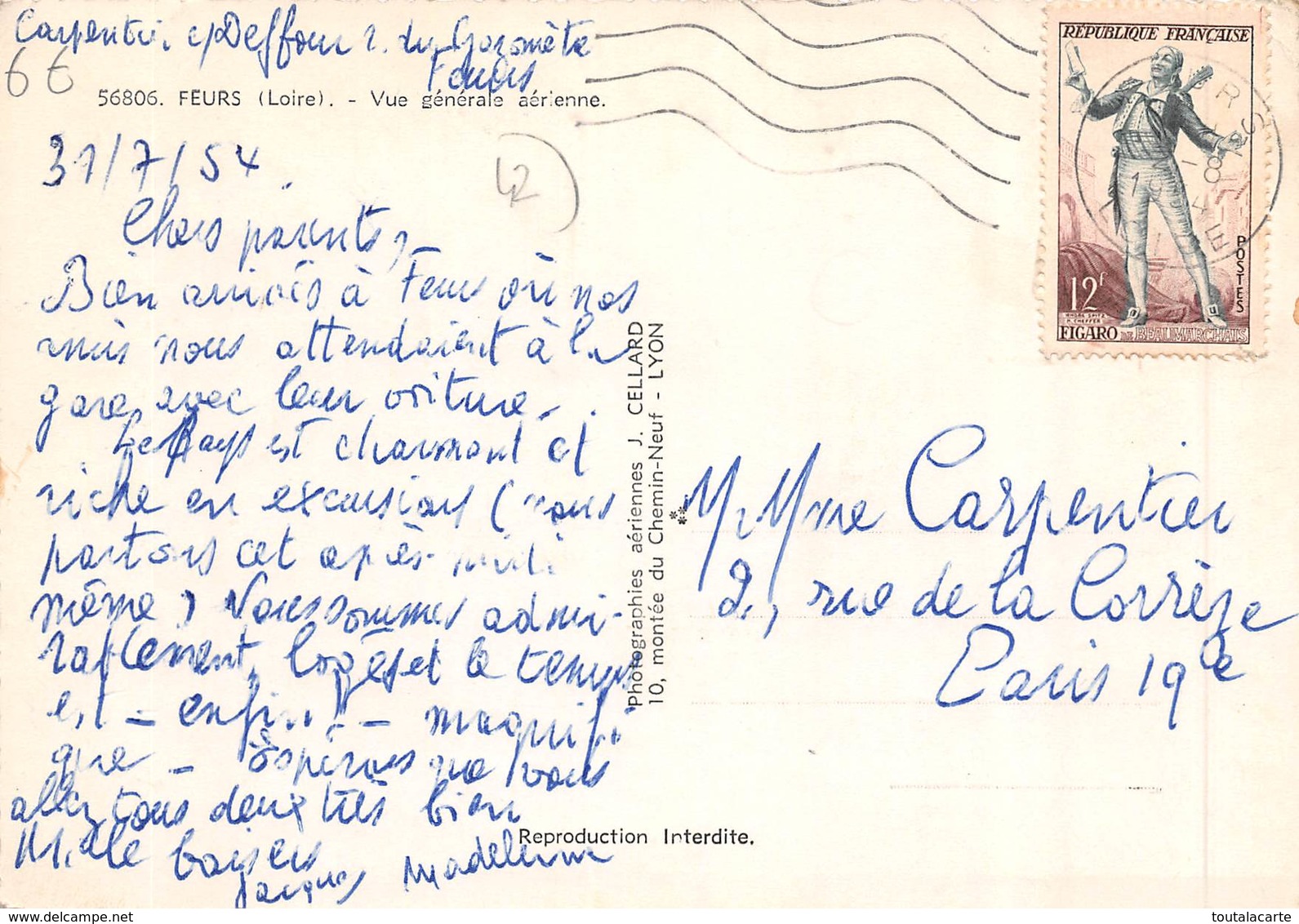 CPSM 42 FEURS VUE GENERALE AERIENNE  1954    Grand Format 15 X 10,5 Cm - Feurs