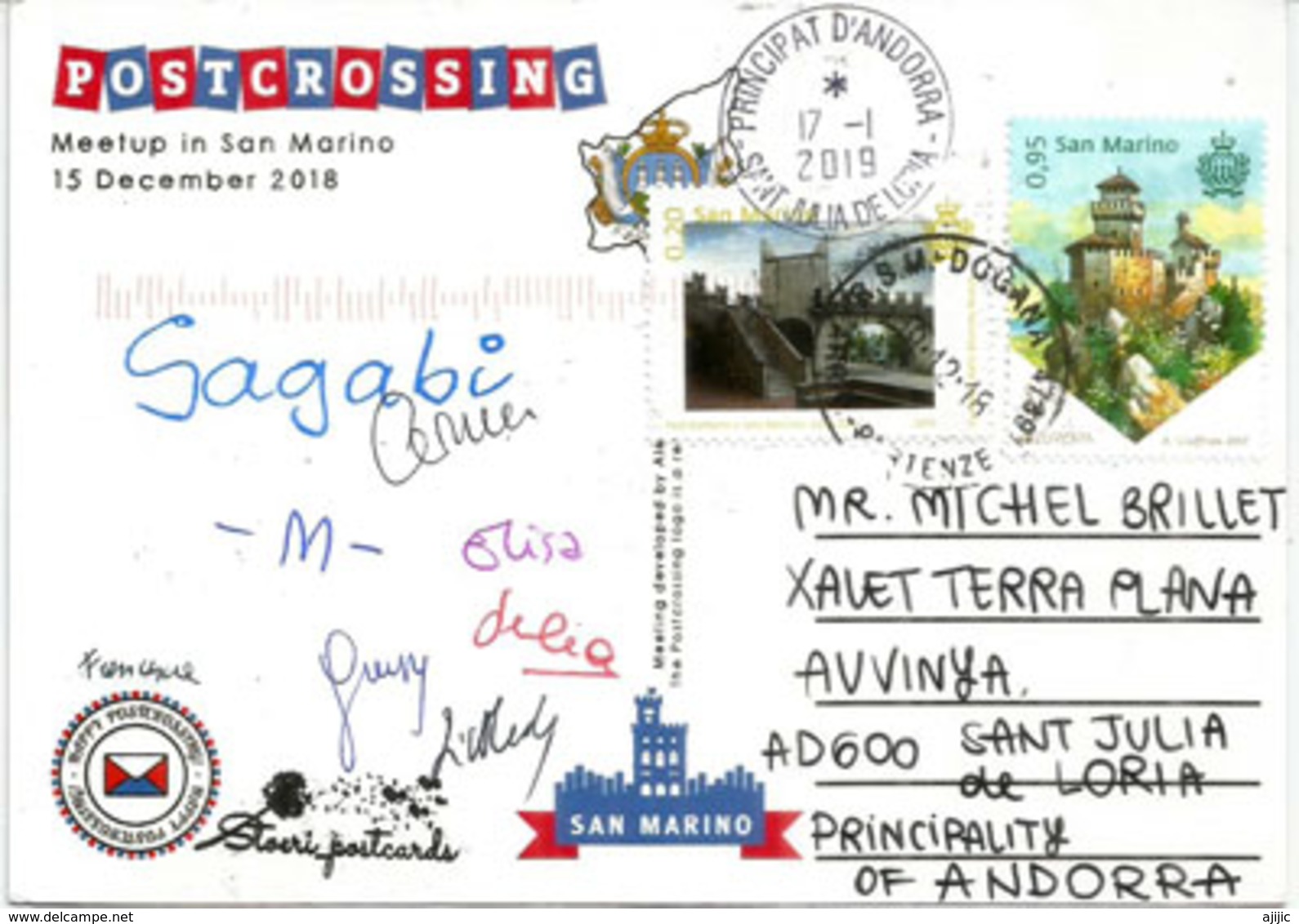 SAN MARINO EUROPA 2017 Sur Carte Postale Postcrossing Meetup, Adressée Andorra, Avec Timbre à Date Arrivée - 2016