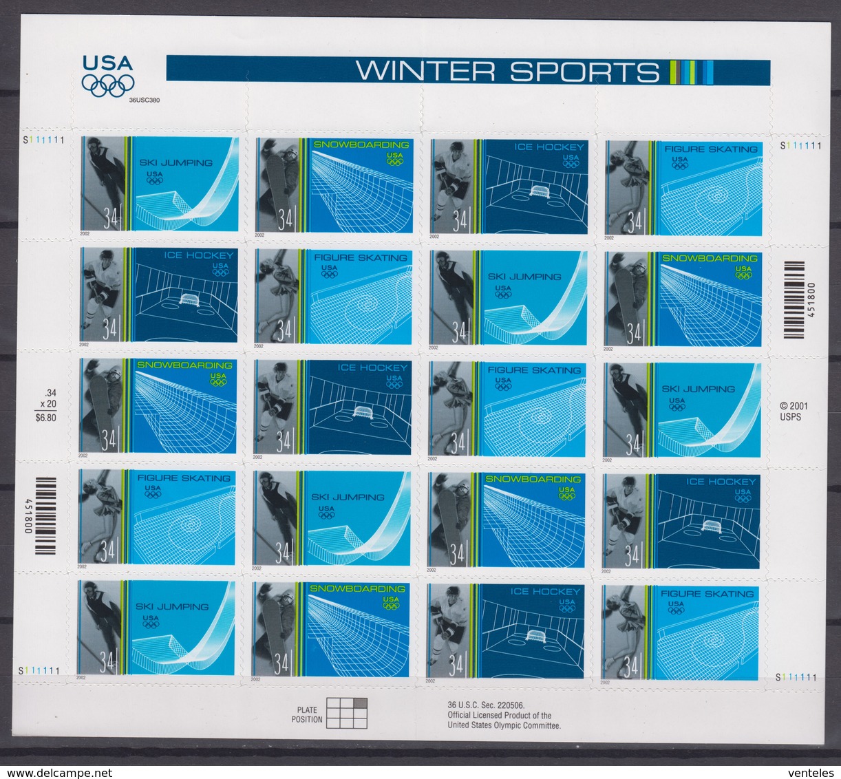 USA  08.01.2002 SHEET Mi # 3511-14 Salt Lake City Winter Olympics MNH OG - Winter 2002: Salt Lake City