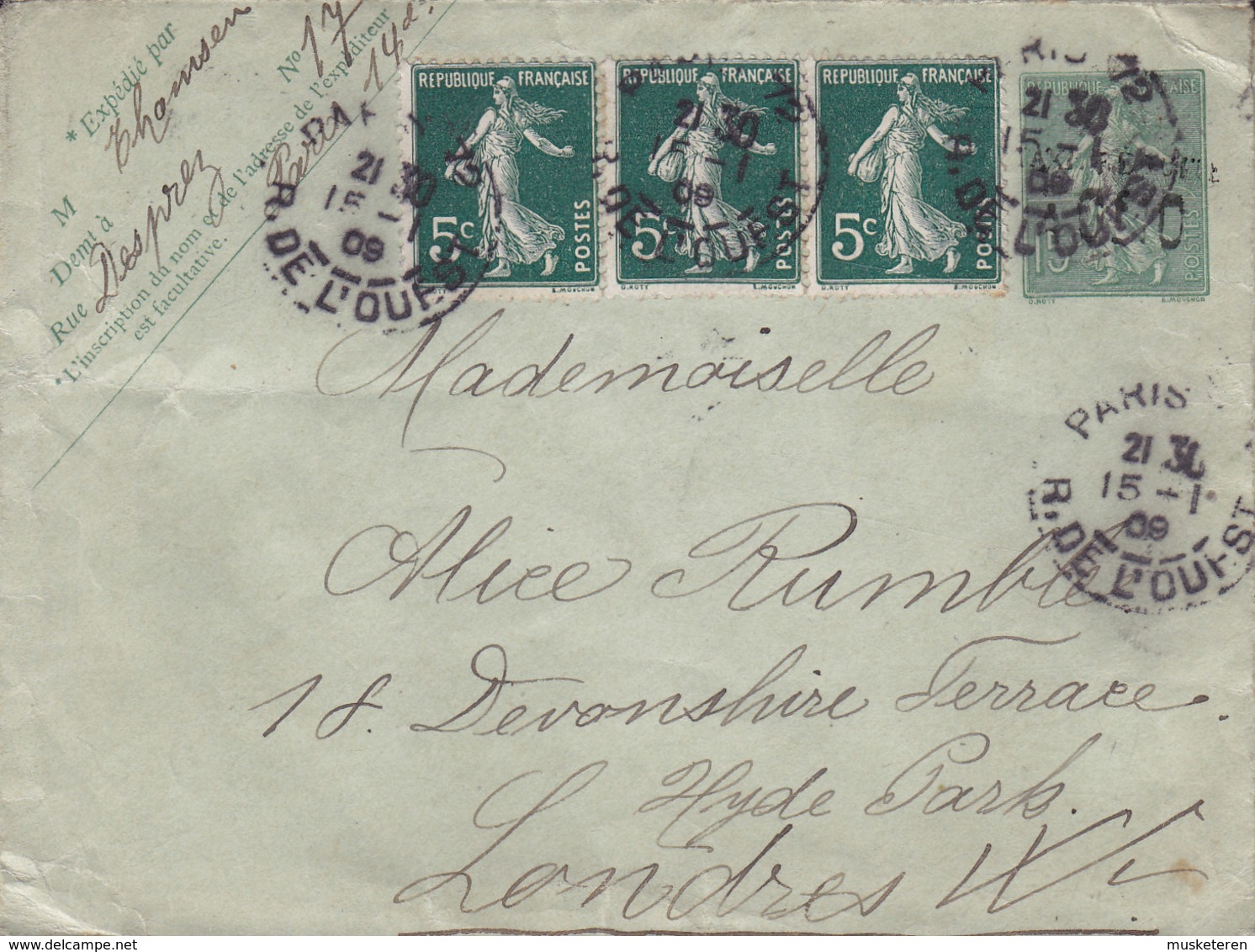 France Uprated Postal Stationery Ganzsache Entier 3-Stripe Semeuse TAXE Reduite PARIS 1909 LONDON Paddington England - Standard- Und TSC-Briefe (vor 1995)