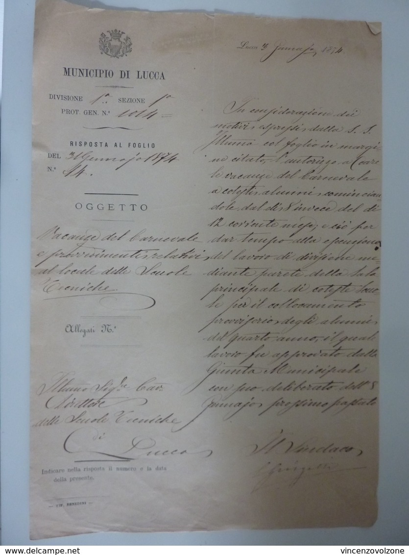 Documento "MUNICIPIO DI LUCCA Vacanze Del Carnevale - Scuole Tecniche" Lucca Gennaio 1874 - Documenti Storici