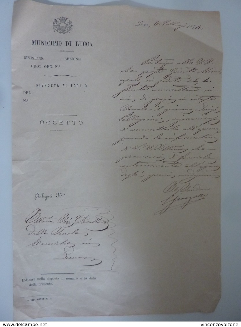 Documento "MUNICIPIO DI LUCCA" 1874 - Documenti Storici