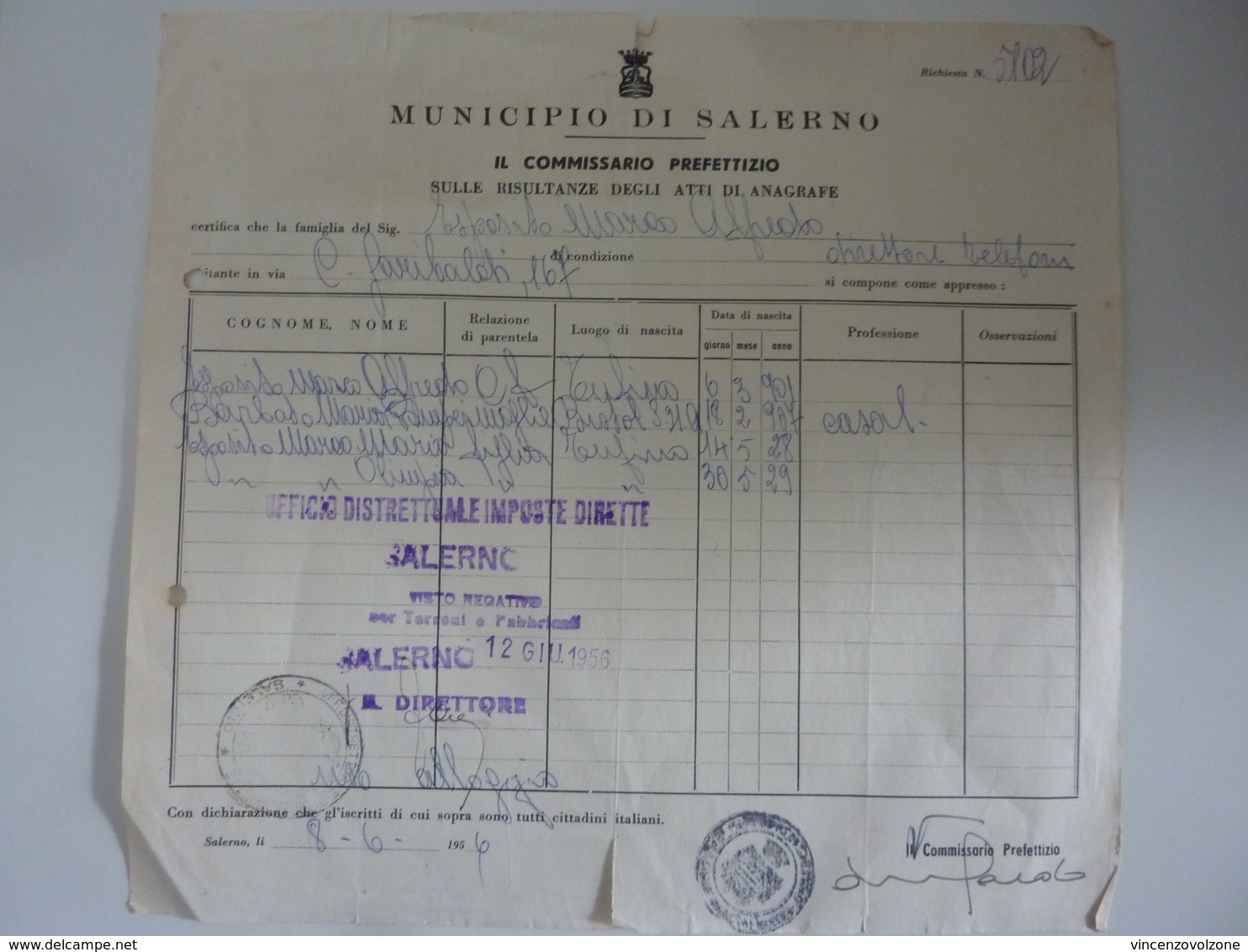 Documento "MUNICIPIO DI SALERNO - ANAGRAFE" Salerno  12 Giugno 1956, Marche Comunali - Documenti Storici