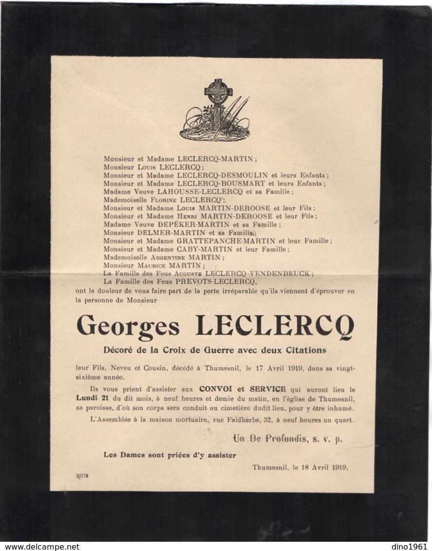 VP14.293  THUMESNIL 1919 - Faire - Part De Décès De Mr Georges LECLERCQ Décoré De La Croix De Guerre Avec Deux Citations - Avvisi Di Necrologio