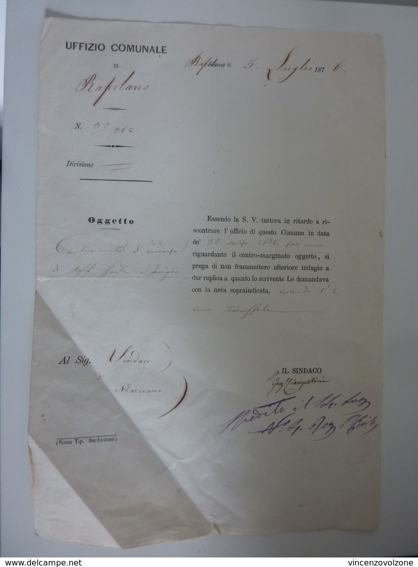 Documento "UFFIZIO COMUNALE DI RAPOLANO" Rapolano, 5 Luglio 1876 - Documenti Storici