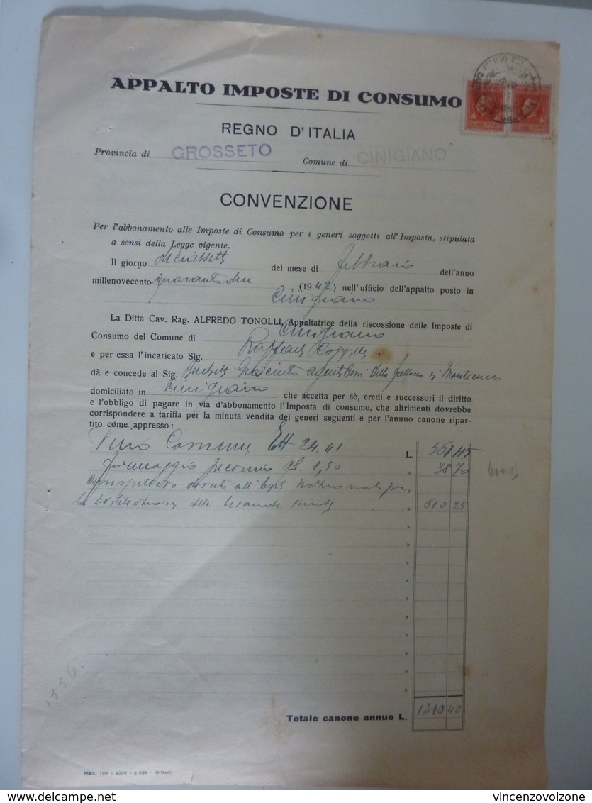 Documento "APPALTO IMPOSTE DI CONSUMO REGNO D'ITALIA CONVENZIONE - Provincia Di Grosseto, Comune Di CINIGIANO" 1942 - Documenti Storici