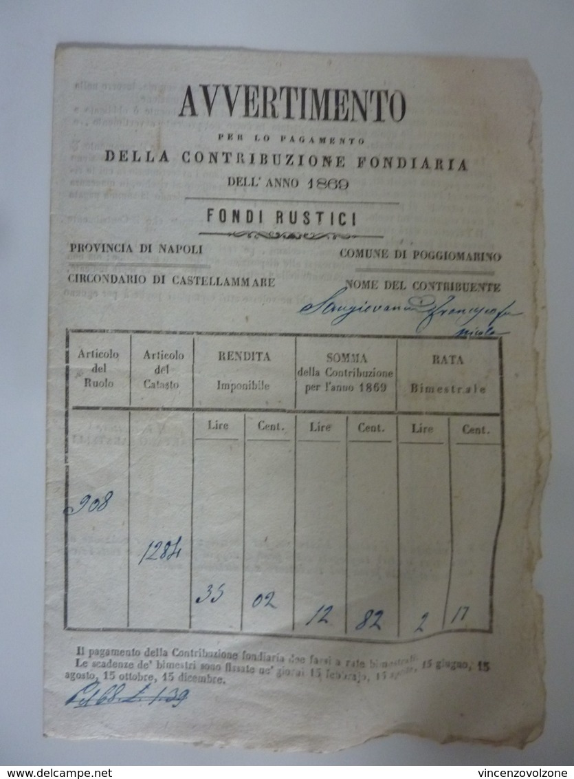 Documento "AVVERTIMENTO PER LO PAGAMENTO DELLA CONTRIBUIZIONE FONDIARIA DELL'ANNO 1869 - FONDI RUSTICI" Marche - Italia