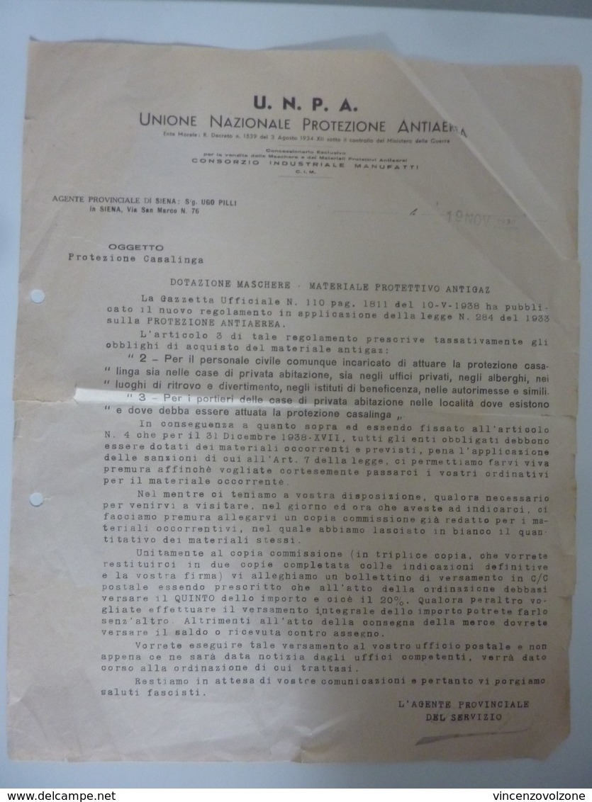 Documento "U.N.P.A. Unione Nazionale Protezione Antiaerea OGGETTO: PROTEZIONE CASALINGA MASCHERE ANTIGAZ" 1938 - Documenti Storici