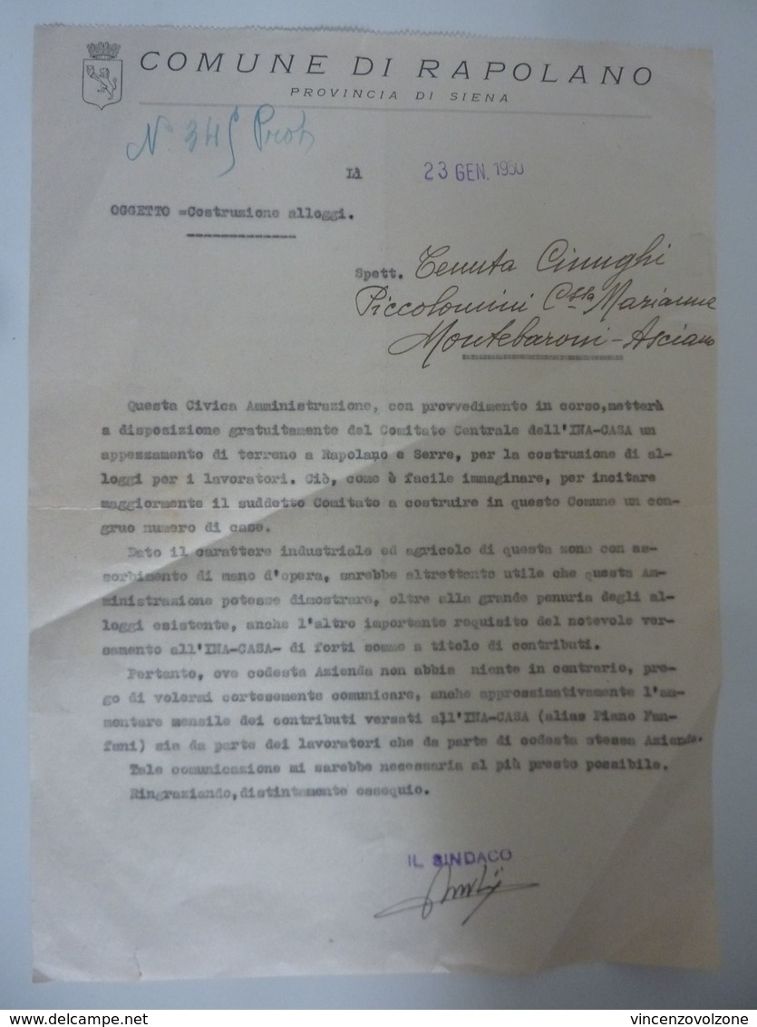 Documento "COMUNE DI RAPOLANO Provincia Di Siena OGGETTO: COSTRUZIONE ALLOGGI" 23 Gennaio 1950 - Historische Dokumente