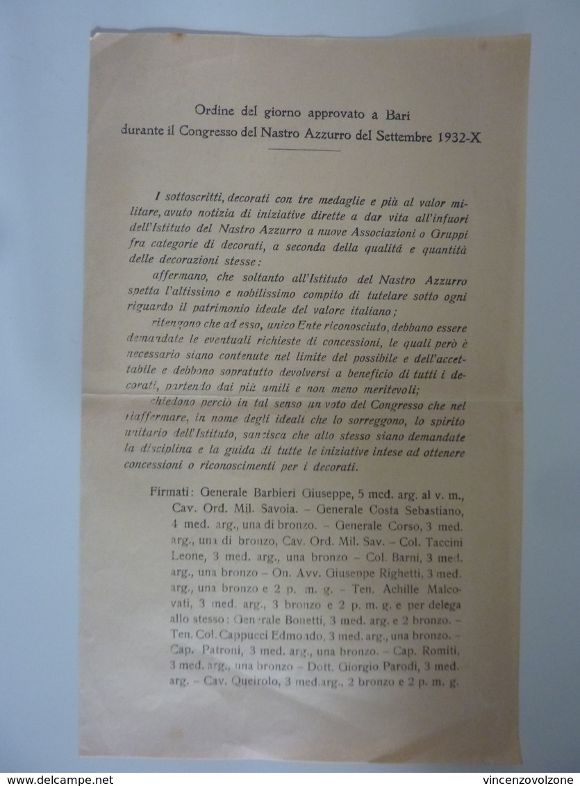 Documento "BARI - CONGRESSO NASTRO AZZURRO DEL SETTEMBRE 1942 - X" - Documenti Storici