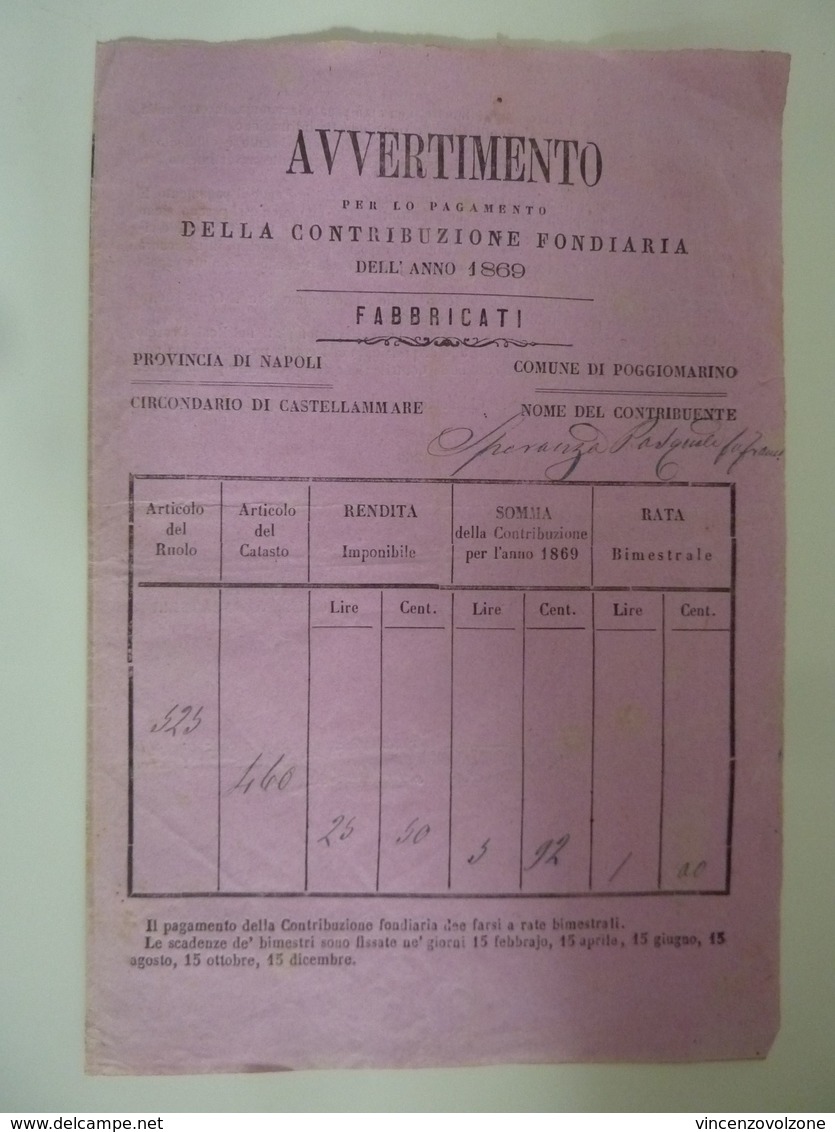 Documento "AVVERTIMENTO PER LO PAGAMENTO DELLA CONTRIBUIZIONE FONDIARIA DELL'ANNO 1869 - FABBRICATI" Marche - Documenti Storici