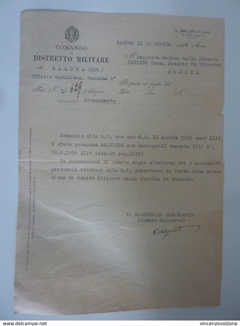 Documento "COMANDO DEL DISTRETTO MILITARE DI RAGUSA Ufficio Mobilitazione OGGETTO: AVANZAMENTO" Ragusa 12 Aprile 1934 - Documenti Storici