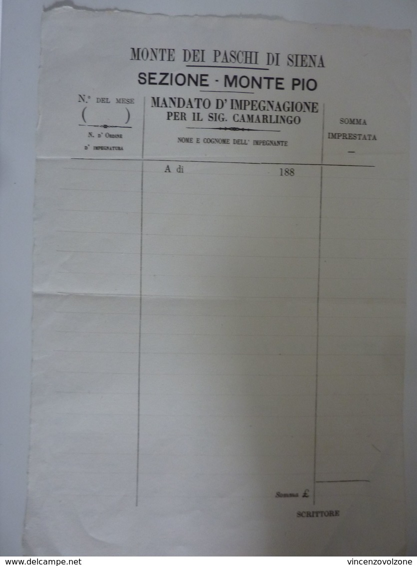 Documento "MONTE DEI PASCHI DI SIENA SEZIONE MONTE PIO - MANDATO D'IMPEGNAGIONE PER IL SIG. CAMARLINGO" 1880 - Documenti Storici