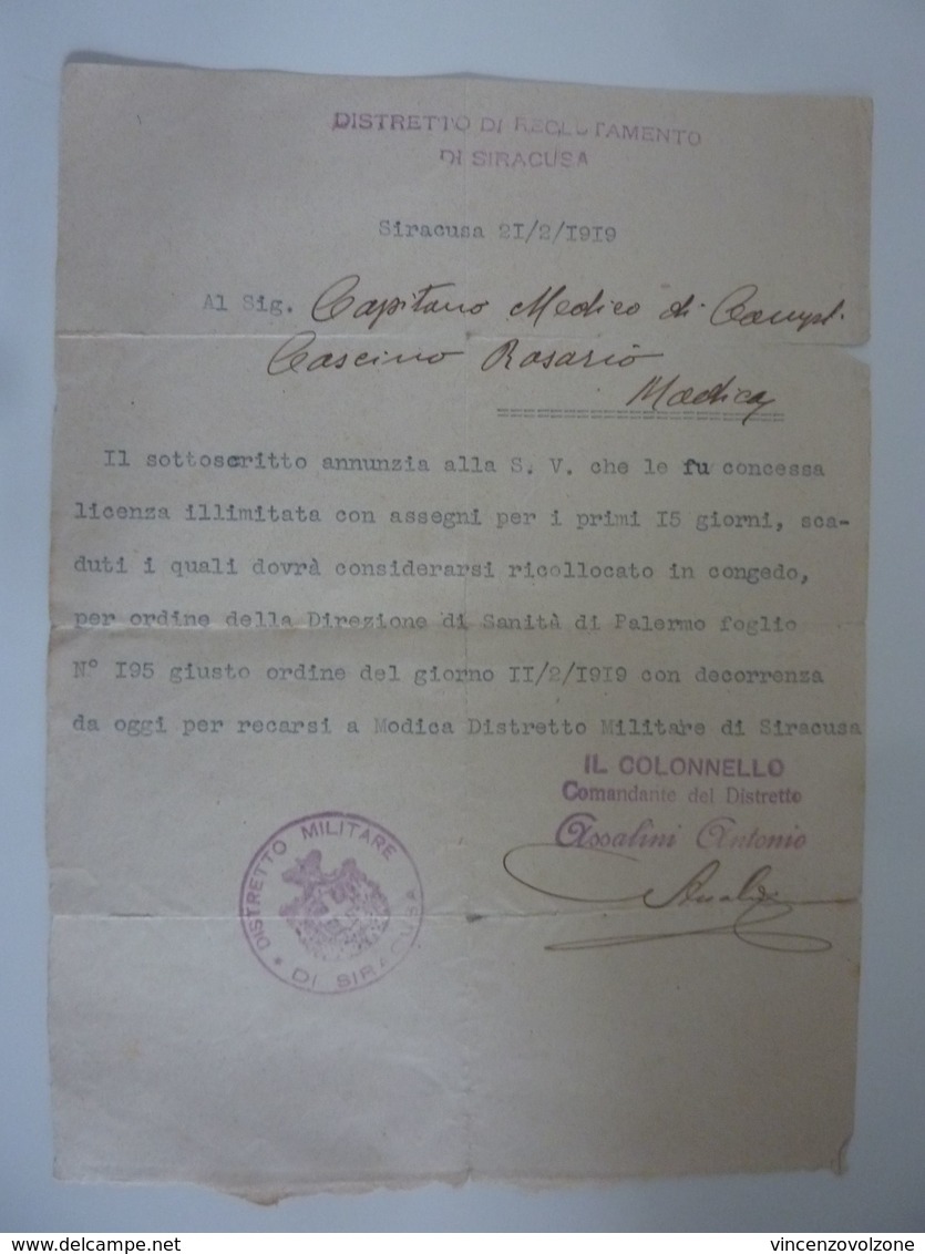 Documento "DISTRETTO DI RECLUTAMENTO DI SIRACUSA - Capitano Medico Di Campo" Siracusa 21 /02 / 1919 - Documenti Storici